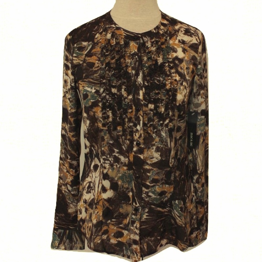Mac & Jac Autumn Print Mandarin Collar Blouse NEW